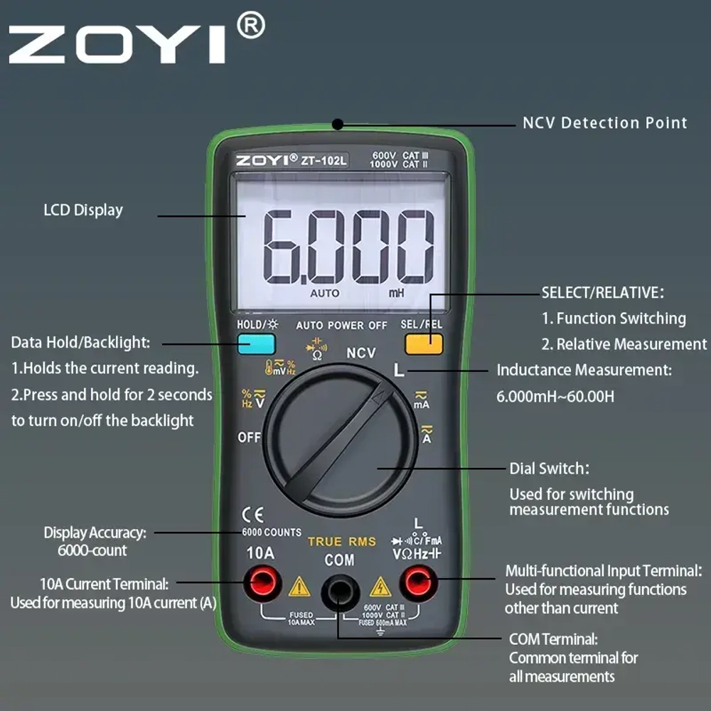 ZT-102L ZOYI автоматический мультиметр с индуктивностью и поиском проводки