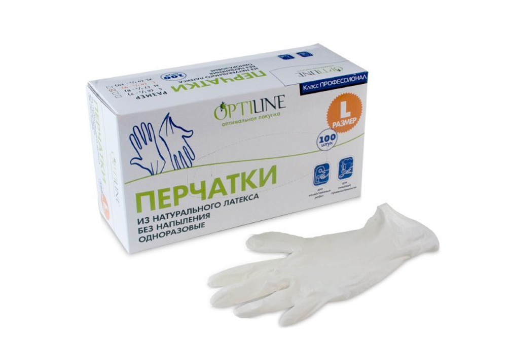 Перчатки латексные неопудренные Optiline, размер L, в упаковке 100 штук
