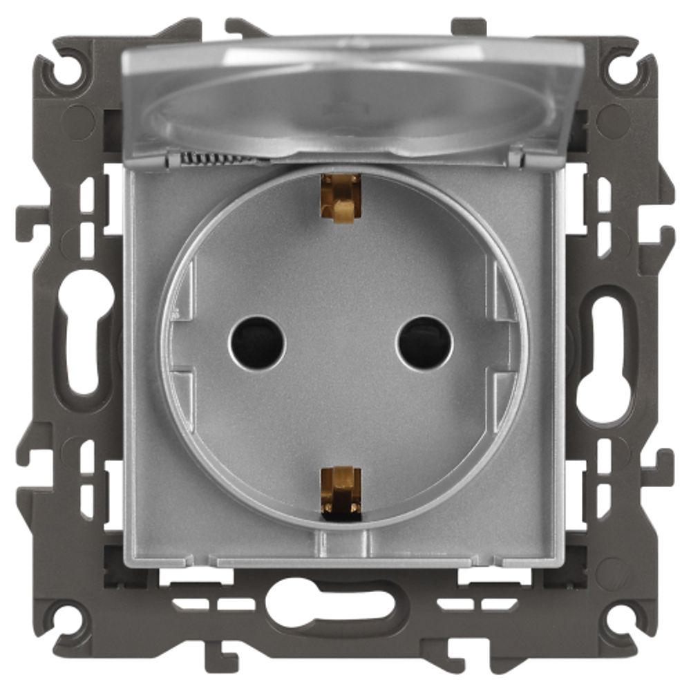 14-2103-03 ЭРА Розетка 2P+E Schuko со шторками с крышкой, 16A-250В, IP20, Эра Elegance, алюминий | Elegance Алюминий