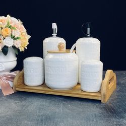 Lenardi 140-123 Набор для специй: сахарница,бутылки для масла, 5пр. на подс-ке BAMBOO в под.уп.(х12)Фарфор