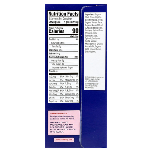 Cerebelly, Органическое детское пюре, черная фасоль, батат с маслом авокадо, 6 пакетиков по 113 г (4 унции)