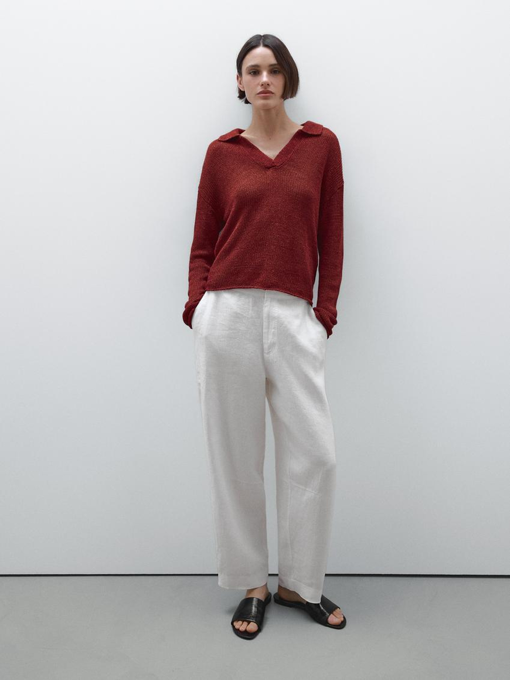 Massimo Dutti Свитер из 100% льна с воротником поло, бургундский