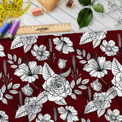 Ткань бифлекс рисунок белых роз на бордовом фоне