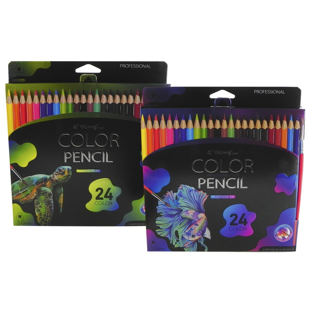 Карандаши цветные акварельные Yalong 24 цв., "Неоновые животные" деревянные, трехгранные, заточенные, кисть, грифель 3.0 мм, картон. уп., европод.