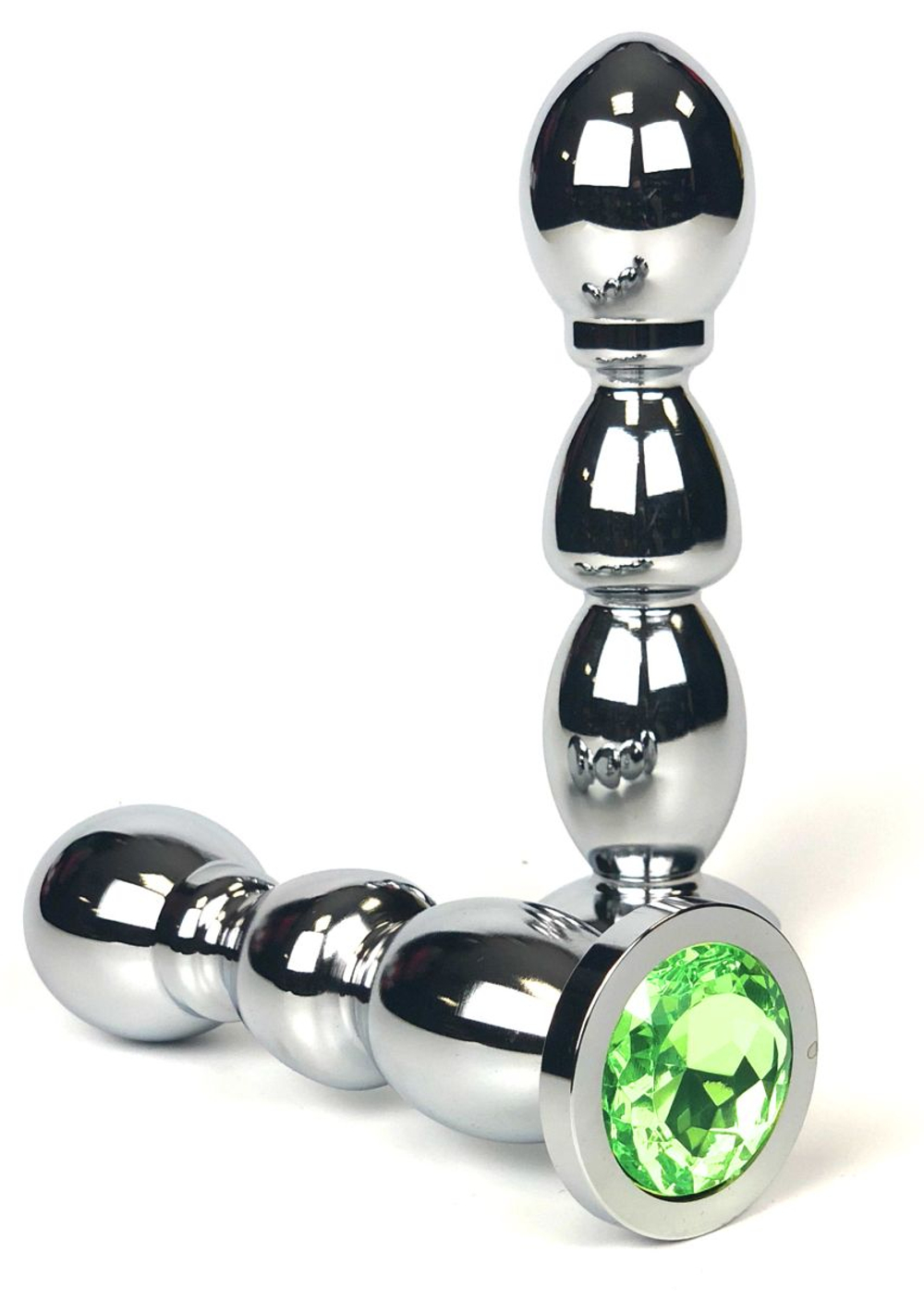 Серебристая закругленная анальная пробка-ёлочка с лаймовым кристаллом - 13 см. (Цвет: лаймовый)