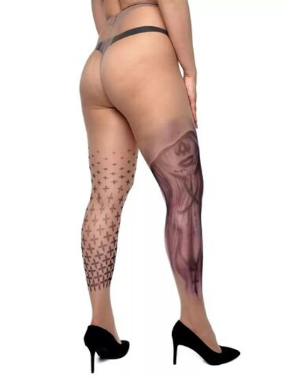 Колготки +size с принтом в виде крестов на одной ножке и молящейся девушки с другой (Размер: XL-XXL-XXXL) (Цвет: бежевый)
