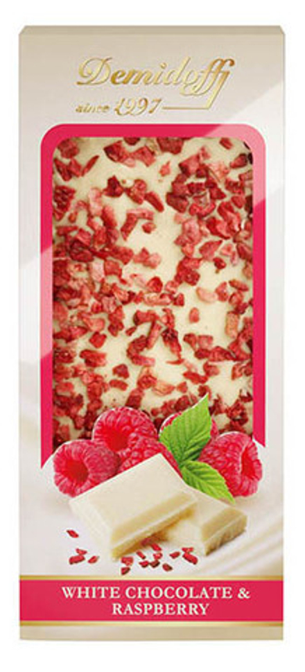 Шоколад белый Demidoff с добавлением кусочков сушеной малины 80г