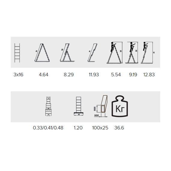 Лестница алюминиевая Алюмет трехсекционная 3x16 ступеней (9316)