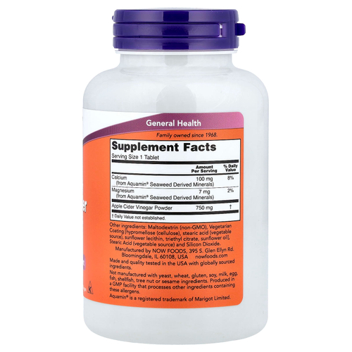NOW Foods, яблочный уксус, 750 мг, 180 таблеток