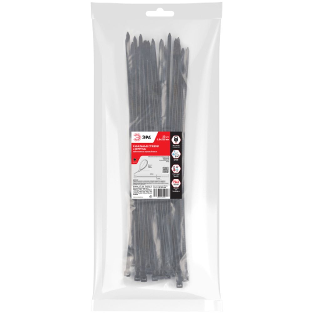 Кабельная стяжка ЭРА NO-225-205 (хомут) нейлоновая 4.8 х 200 мм чёрная (25 шт/уп) | Кабельные стяжки (хомуты)