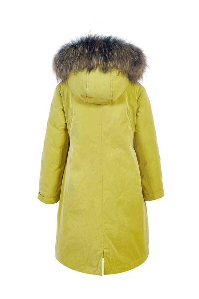Желтое зимнее пальто-парка PULKA с цветным подкладом и опушкой из натурального меха
