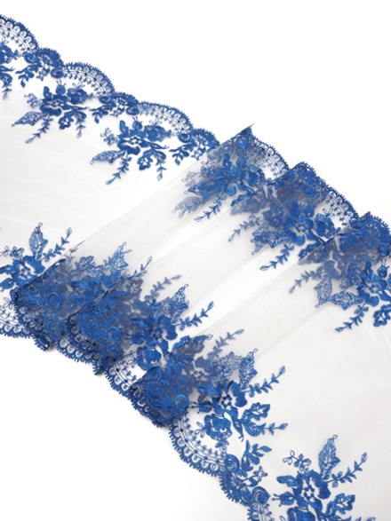 Кружево вышивка на сетке молочная с ультрамарином неэластичная ширина 32 см