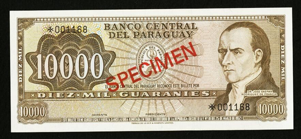 ПАРАГВАЙ, 1979, 10000 GUARANIES [SPECIMEN (ОБРАЗЕЦ)] [THOMAS DE LA RUE] [FRANKLIN MINT]