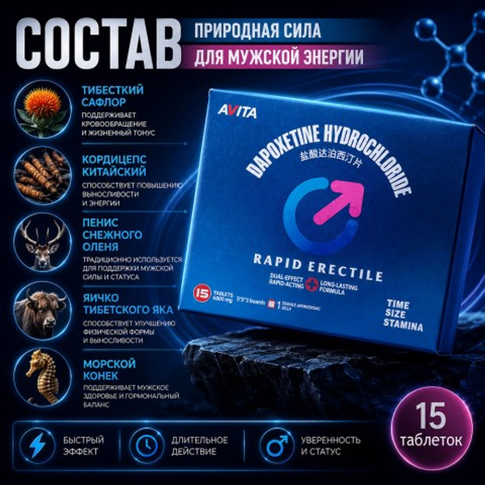 Возбуждющее средство Dapoxetine для мужчин (15 таб. + подарок желе для женщин)