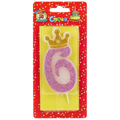 Свеча для торта Царская, розовая с глиттером Цифра 6
