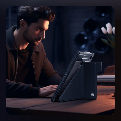 Чехол книжка от Nillkin для планшета Samsung Galaxy Tab S9 Ultra и Tab S10 Ultra, серия Bumper Pro Case-Multi Angle Folding Style, с защитной шторкой для камеры