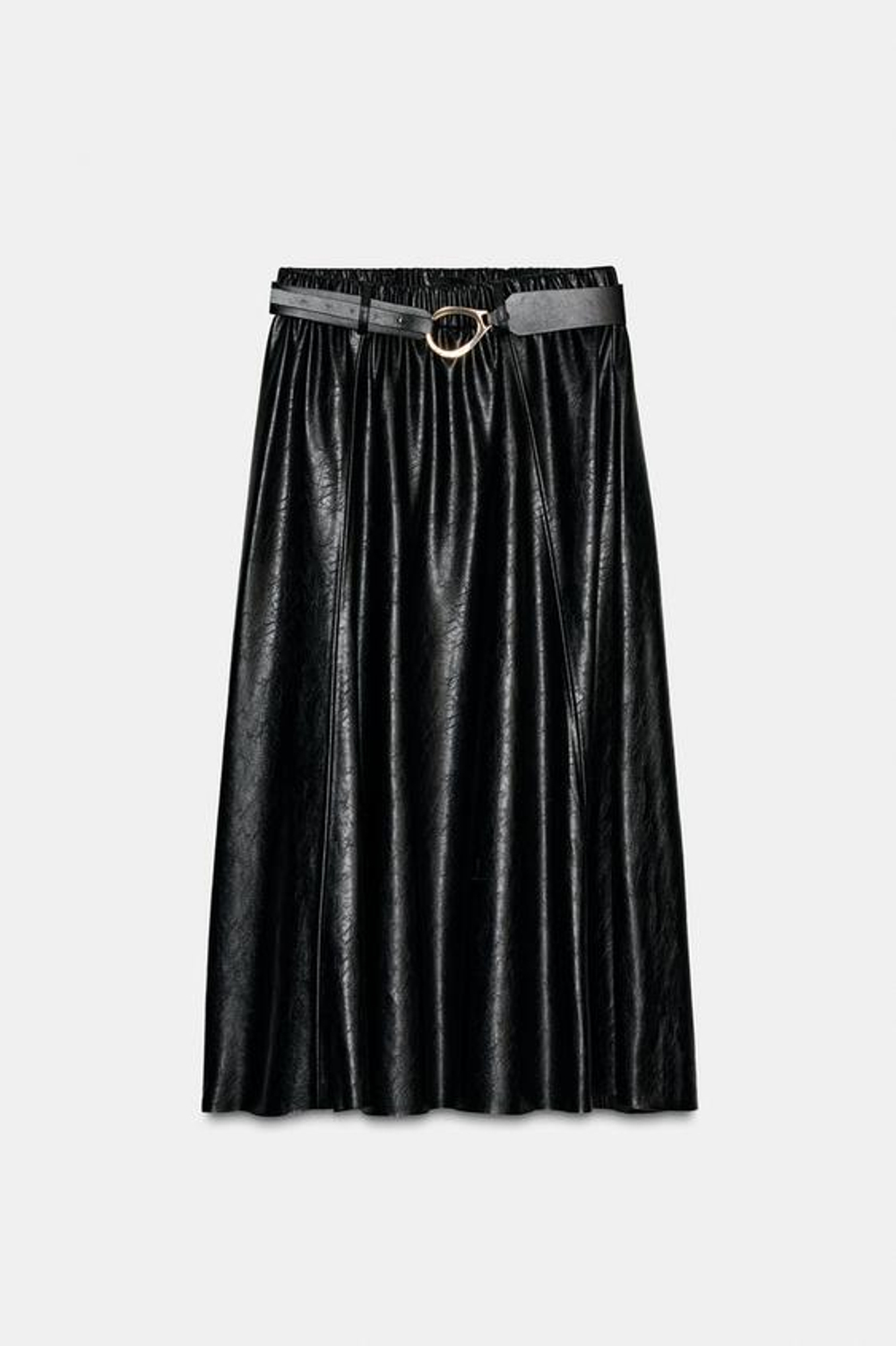 ZARA ЮБКА МИДИ С ИСКУССТВЕННЫМ КОЖАНЫМ ПОЯСОМ, ЧЕРНЫЙ