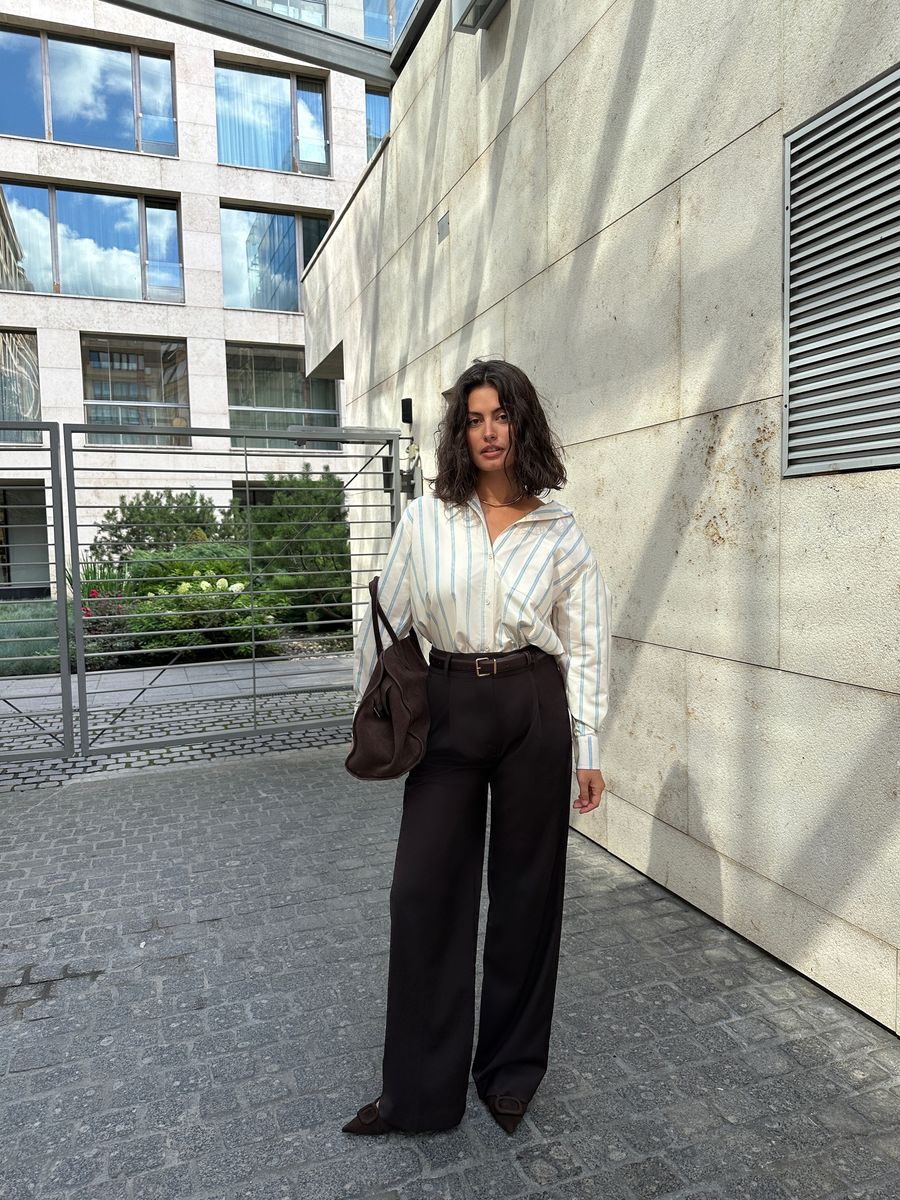 Рубашка из хлопка в бежево-голубую полоску