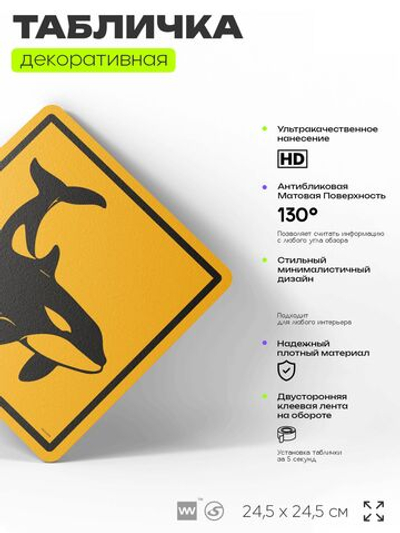 Табличка прикольная "Осторожно, киты №1" на дверь и стену, информационная и предупреждающая, декоративный знак, 24,5х24,5 см, пластиковая, Айдентика Технолоджи