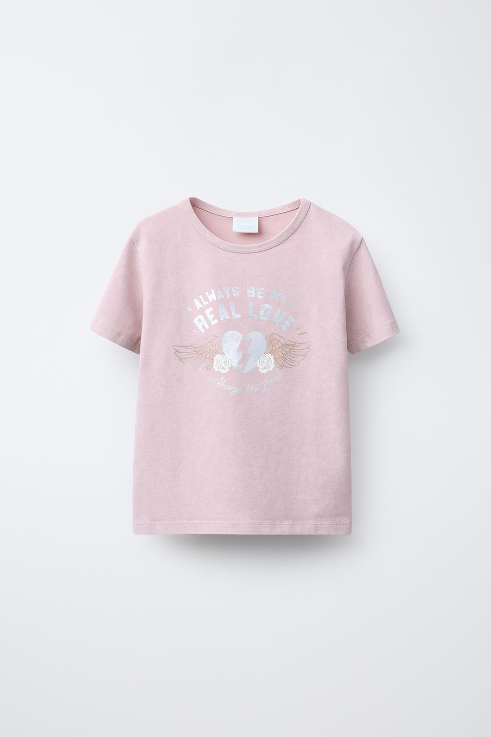 ZARA ФУТБОЛКА С ЭФФЕКТОМ ПОТЕРТОСТИ И ПРИНТОМ, РОЗОВЫЙ