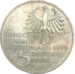 Germany, 5 Mark 1974 – Immanuel Kant Commemoration (Munich Mint - "D"), AU