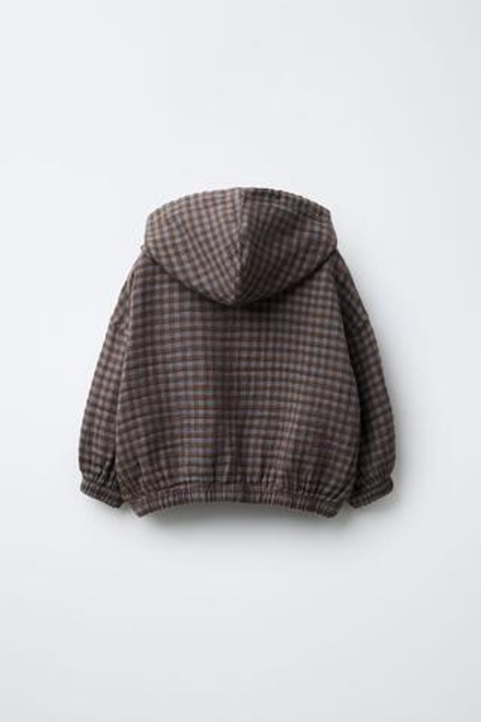 ZARA КУРТКА-РУБАШКА В КЛЕТКУ С КАПЮШОНОМ, КОРИЧНЕВЫЙ