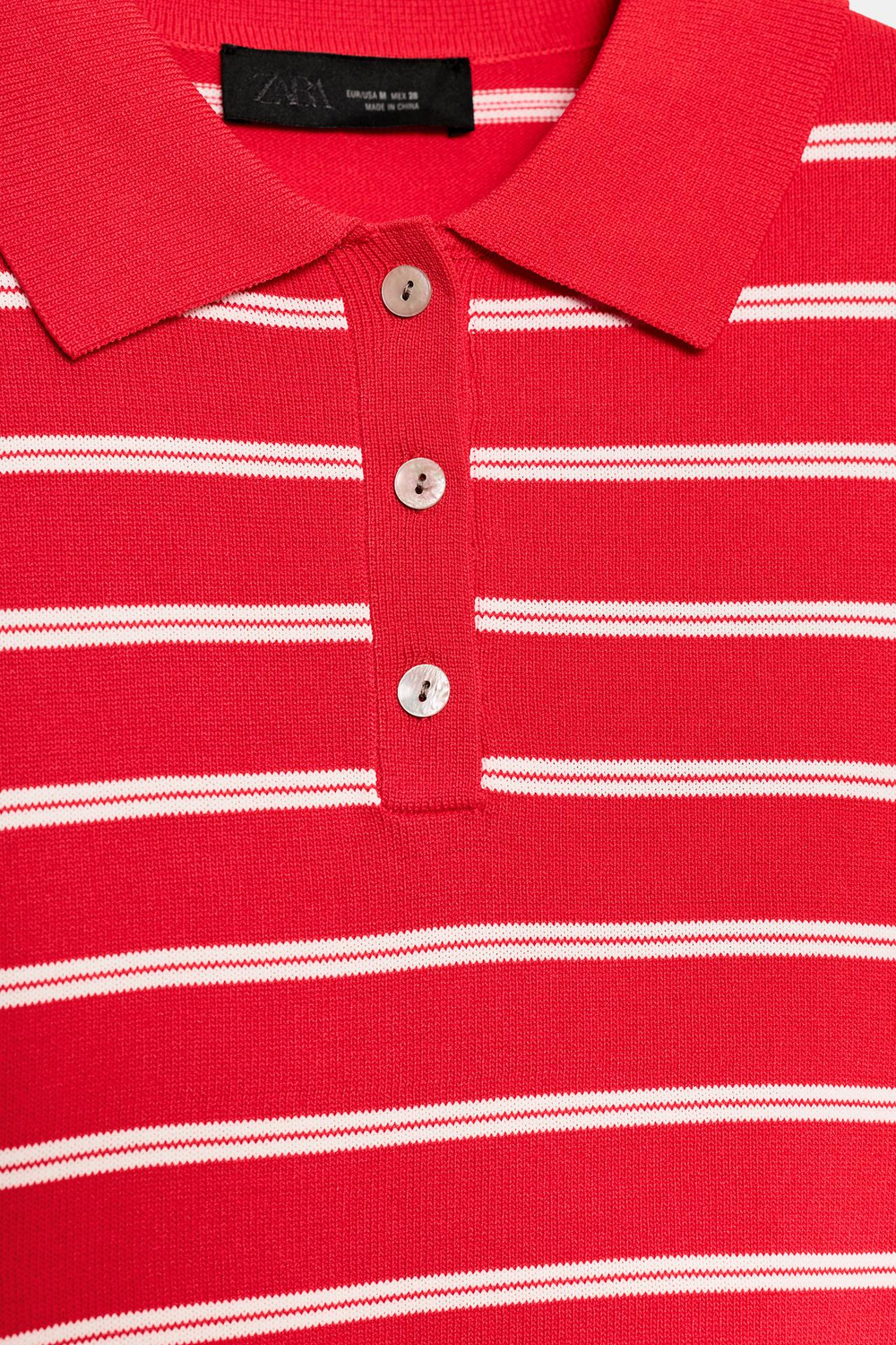 ZARA ТРИКОТАЖНОЕ ПОЛО В ПОЛОСКУ С КОРОТКИМ РУКАВОМ, КРАСНЫЙ