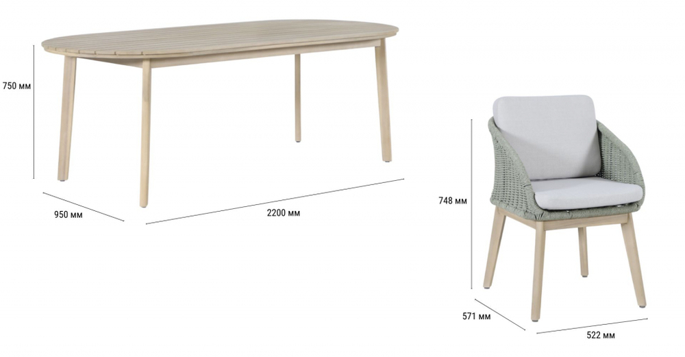 Комплект обеденной деревянной мебели на 8 персон Tagliamento Madrague, светлый тик, бежевый