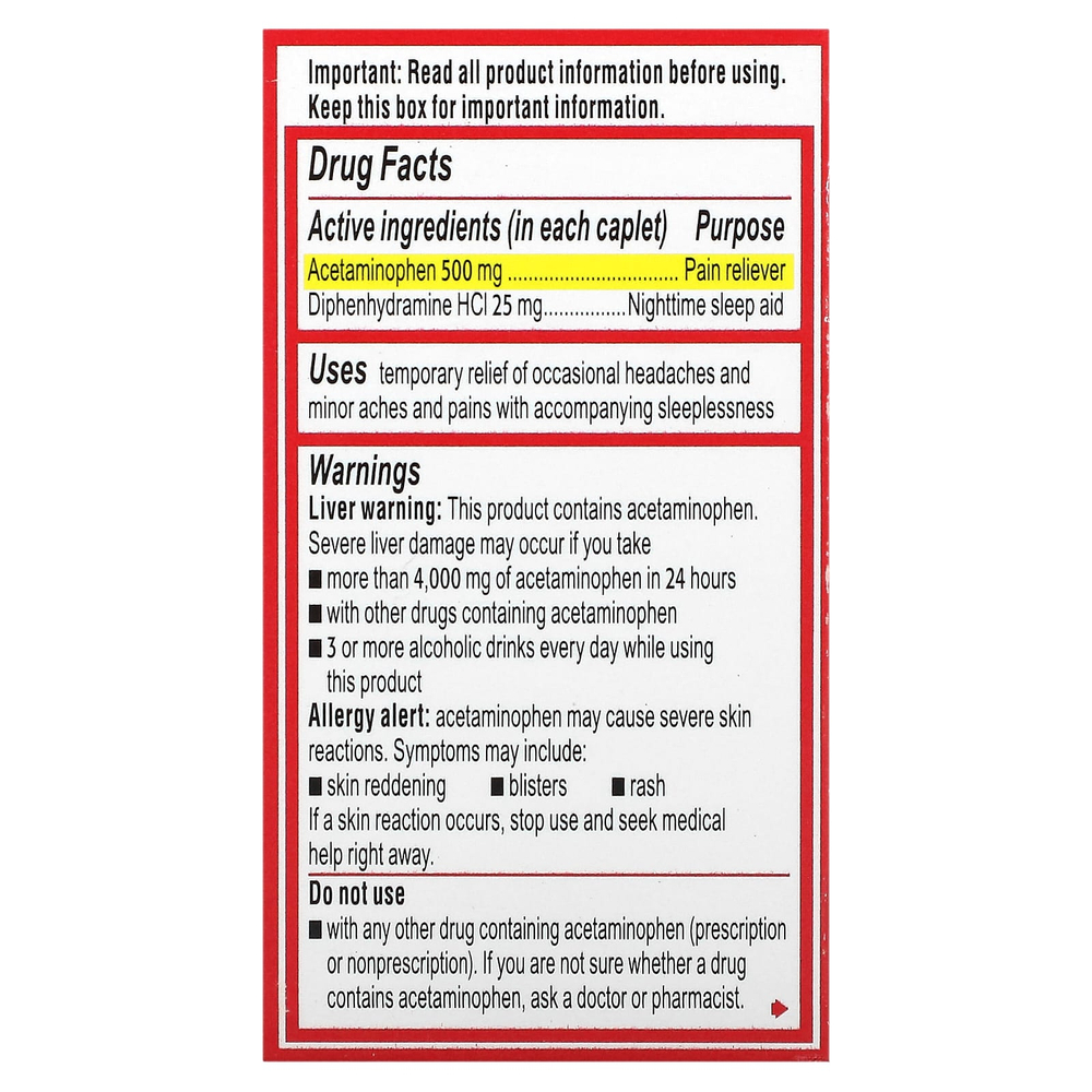 Tylenol, Ацетаминофен с повышенной силой действия, болеутоляющее, средство для ночного сна, 24 капсулы
