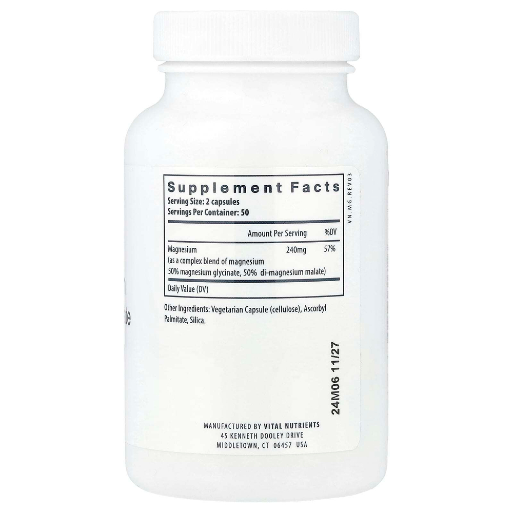 Vital Nutrients, Магний, 240 мг, 100 веганских капсул (120 мг в каждой капсуле)
