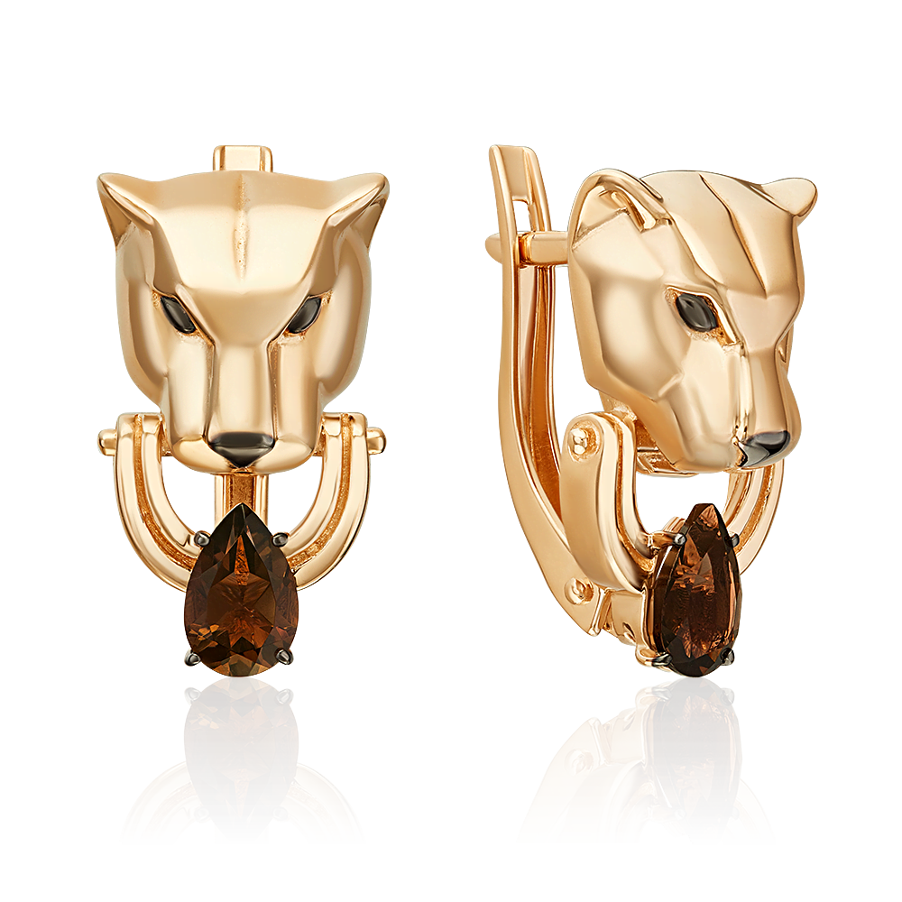 Серьги «Пантеры» с английским замком из красного золота с кварцем дымчатым