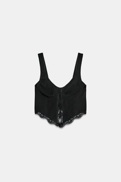 ZARA ТОП ИЗ ПОЛИАМИДА С КРУЖЕВОМ И ПУГОВИЦАМИ, ЧЕРНЫЙ