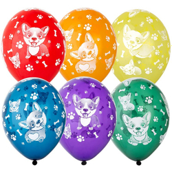 Разноцветные шарики с гелием с рисунками собачек Корги