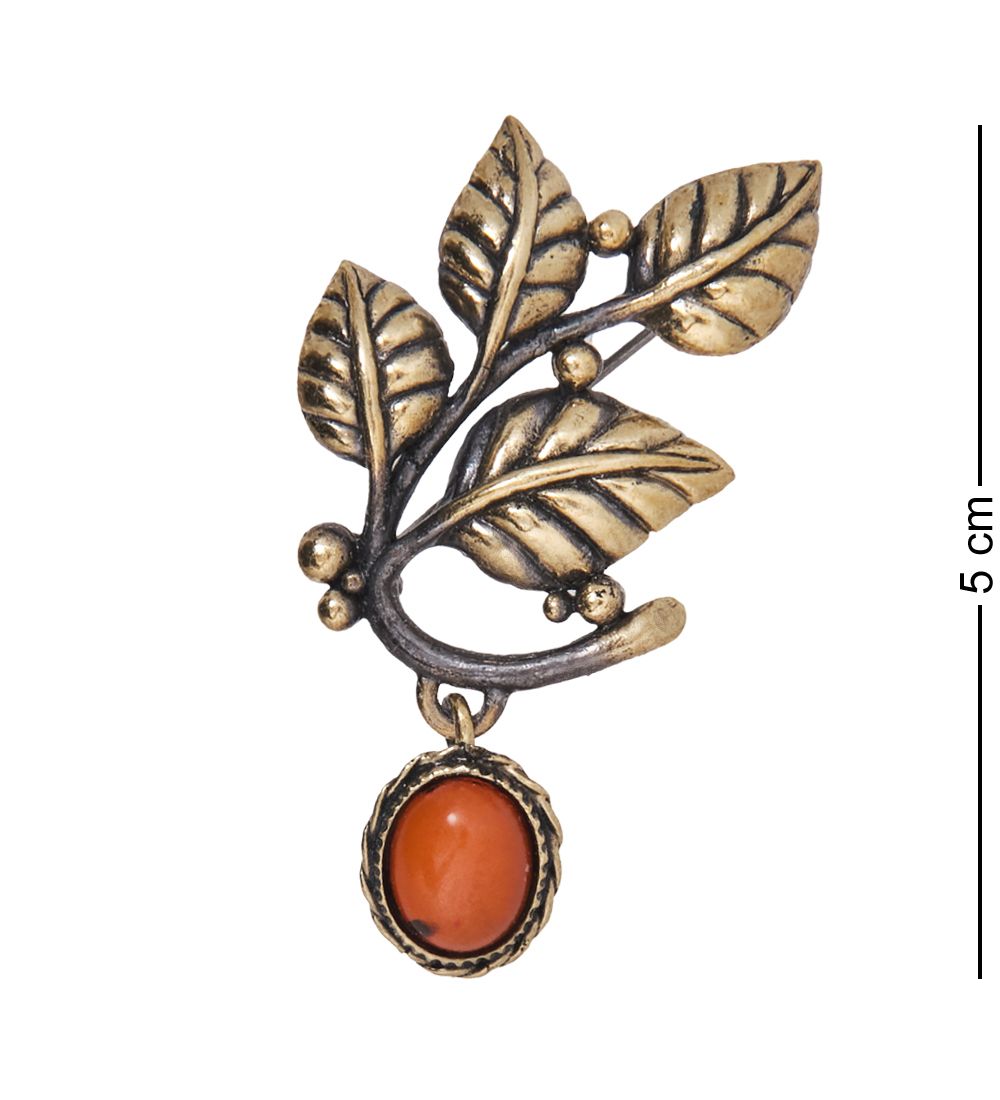 AM-4059 Брошь «Веточка Тополь» (латунь, янтарь)