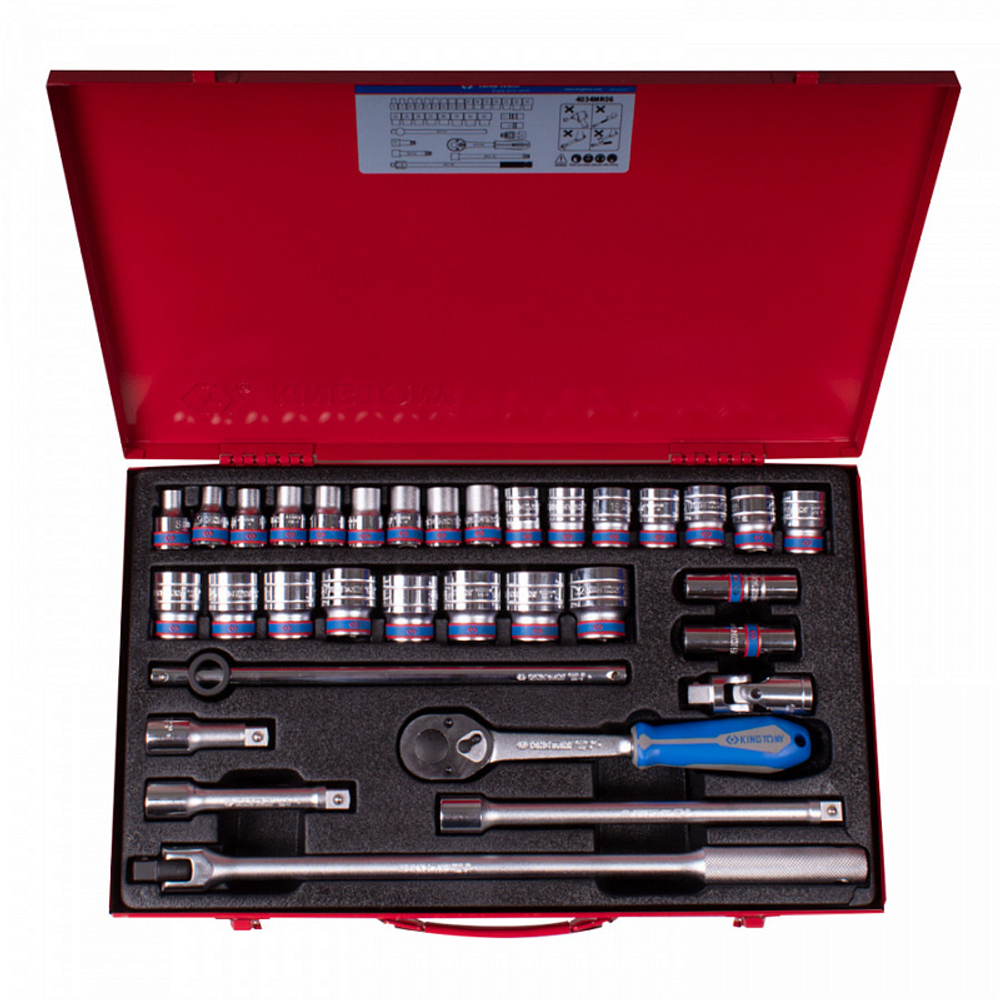 KING TONY (4034MR06) Набор торцевых головок с принадлежностями 1/2", 12-гранные, 8-32 мм, 33 предмета
