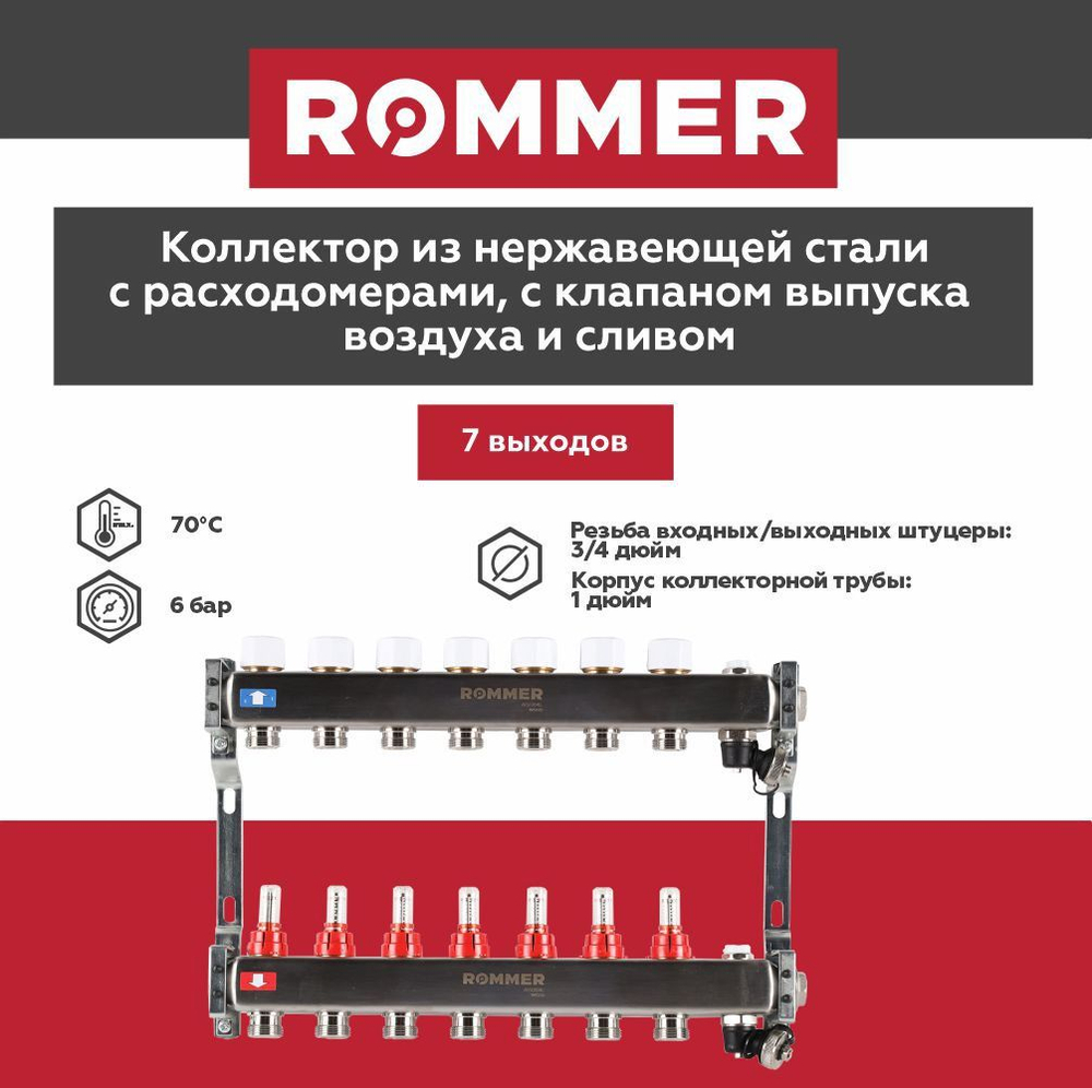 Коллекторная группа ROMMER 7 выходов нержавеющая сталь с расходомерами RMS-1201-000007