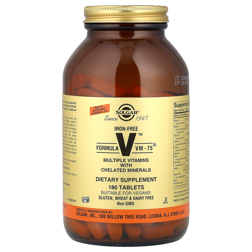Solgar, Formula VM-75, комплексные витамины с микроэлементами в хелатной форме, без железа, 180 таблеток
