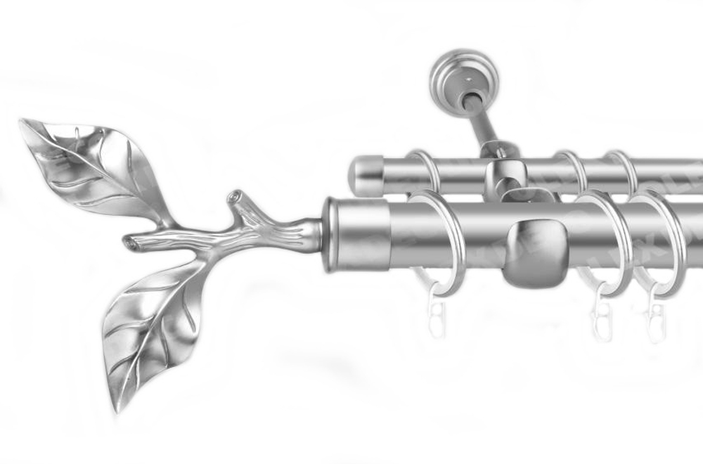 Карниз кованый для штор Лист розы d25/16 мм двухрядный, цвет хром матовый