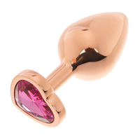 Золотистая анальная пробка OYO 7,3см с ярко-розовым кристаллом-сердцем