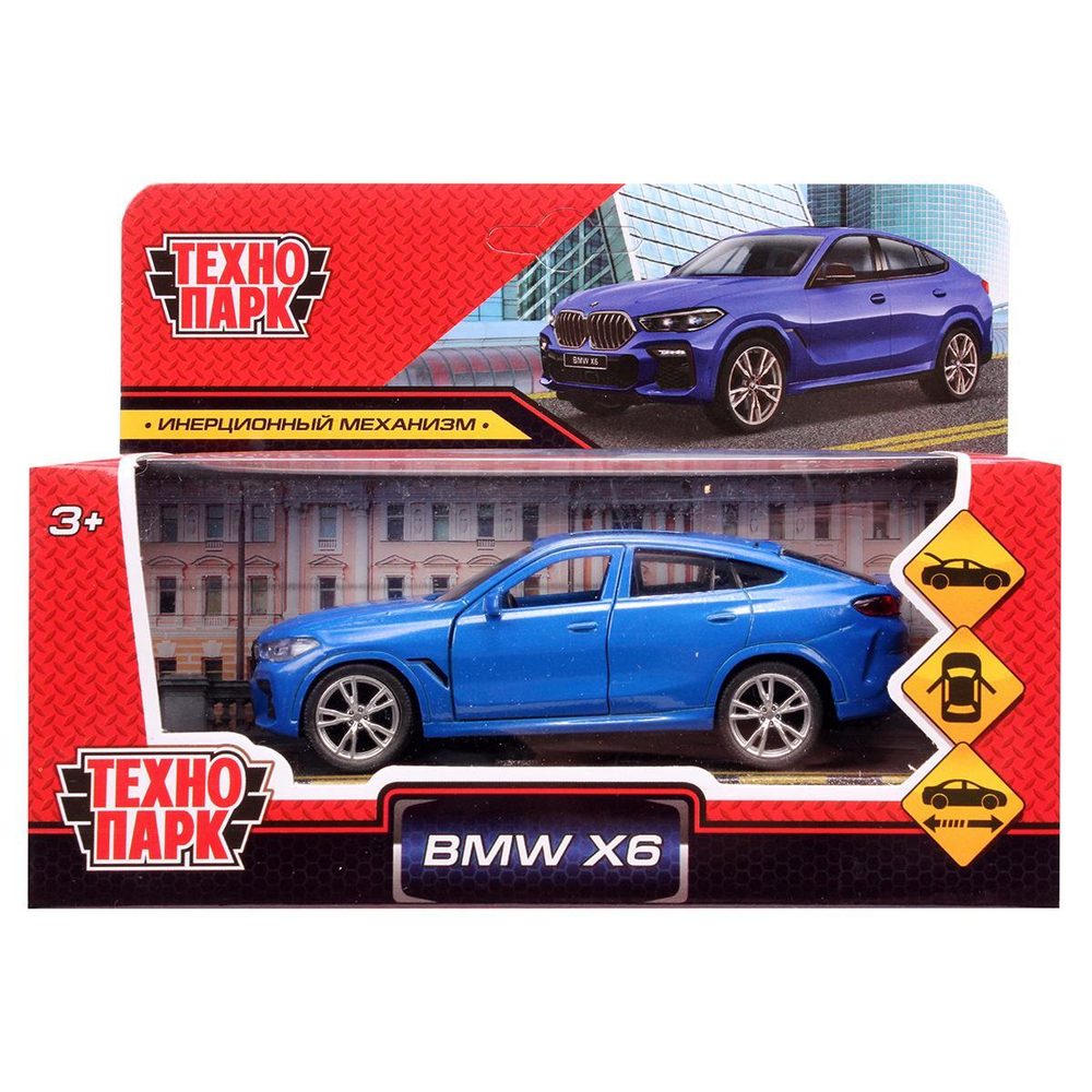 Модель ин. мет. "BMW X6" 12см, двери, багаж, синий, коробка X6-12-BU (Технопарк)