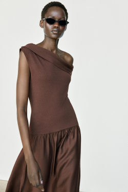 Massimo Dutti Платье миди с открытым плечом, коричневый