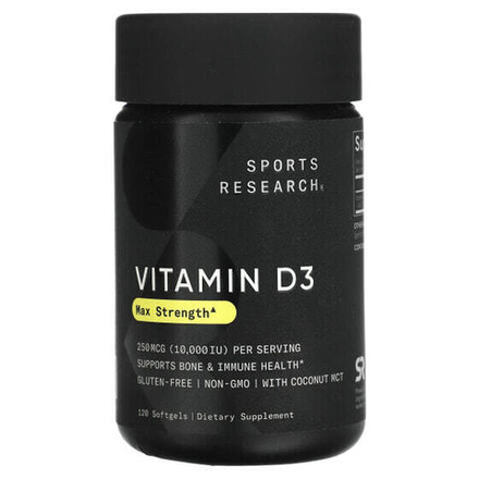 Витамин D Sports Research, Витамин D3, максимальная эффективность, 250 мкг (10 000 МЕ), 120 мягких таблеток