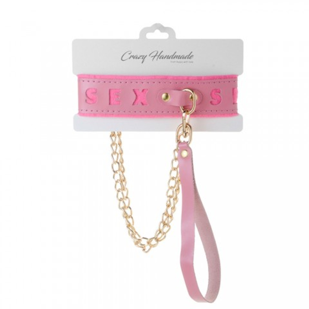 Ошейник розовый с поводком с надписью SEX, фетр, золото