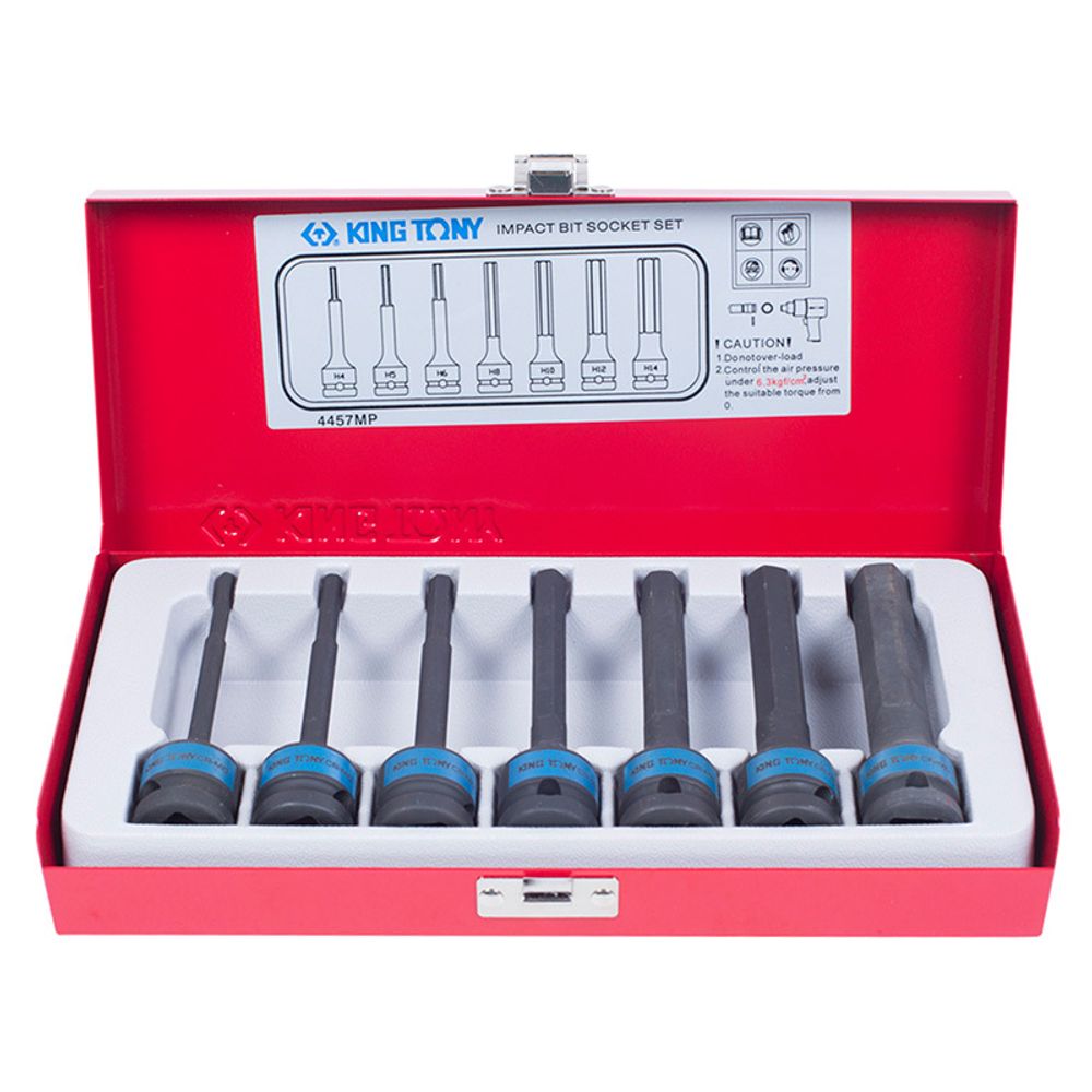 KING TONY (4457MP) Набор ударных торцевых насадок 1/2", HEX, 4-14 мм, L = 100 мм, 7 предметов