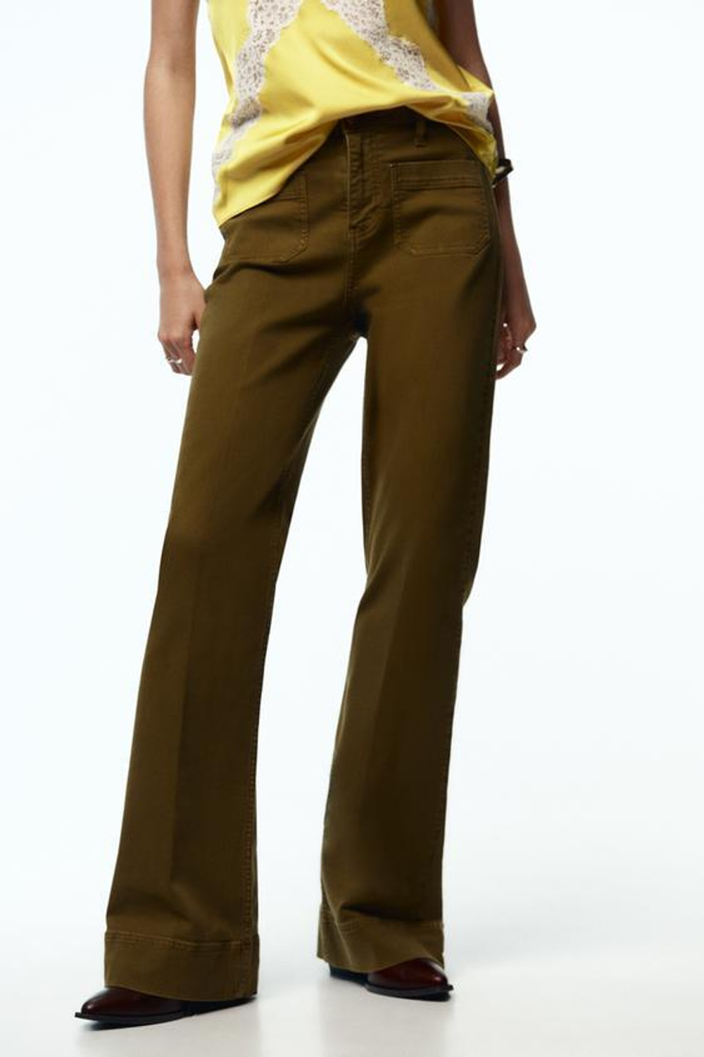 ZARA ДЖИНСЫ Z1975 С НАКЛАДНЫМИ КАРМАНАМИ И ВЫСОКОЙ ПОСАДКОЙ, ЦВЕТ ОЛИВКОВОГО МАСЛА