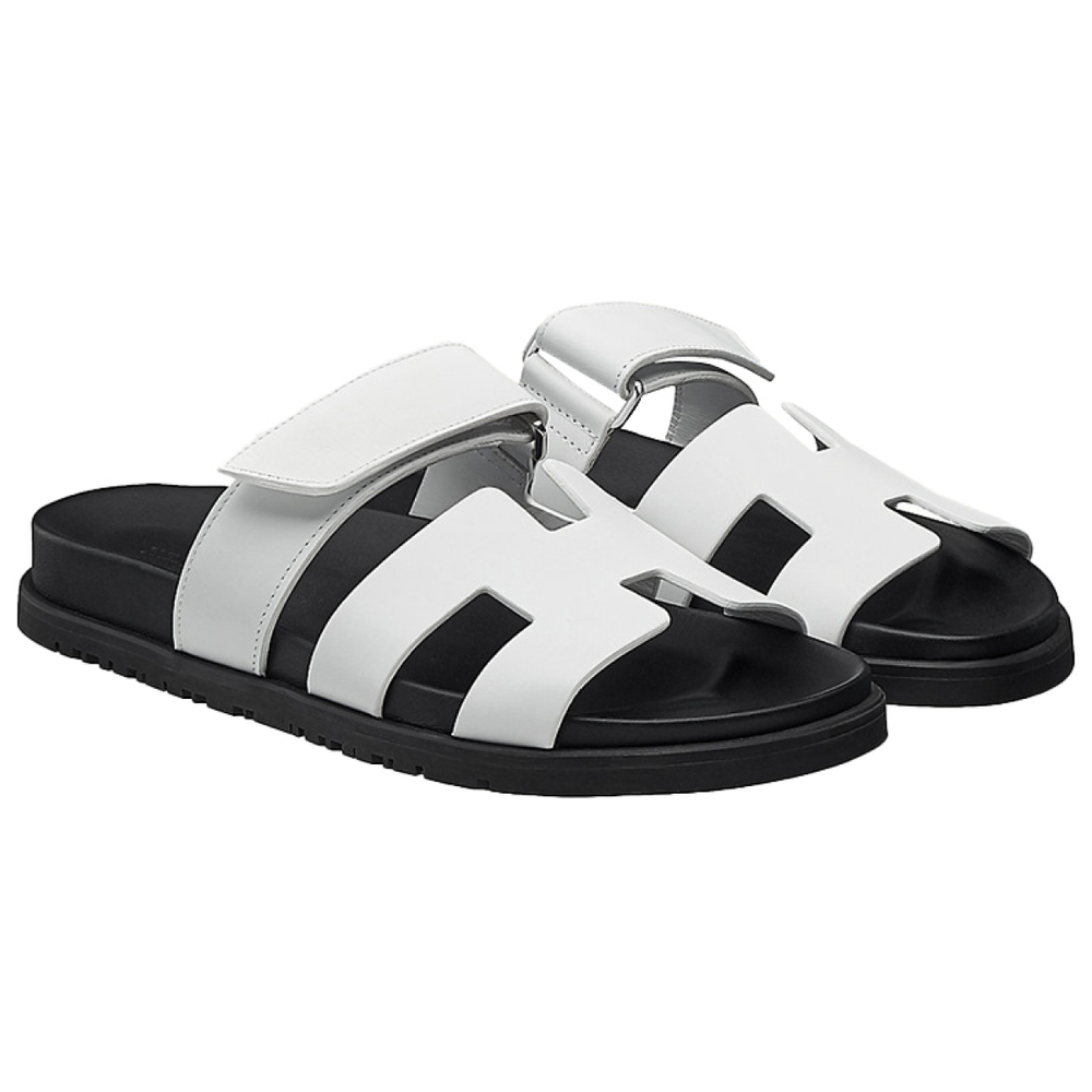 Hermes Chypre leather flat-bottomed one-word fashion sandals women's white, H211114Z 90