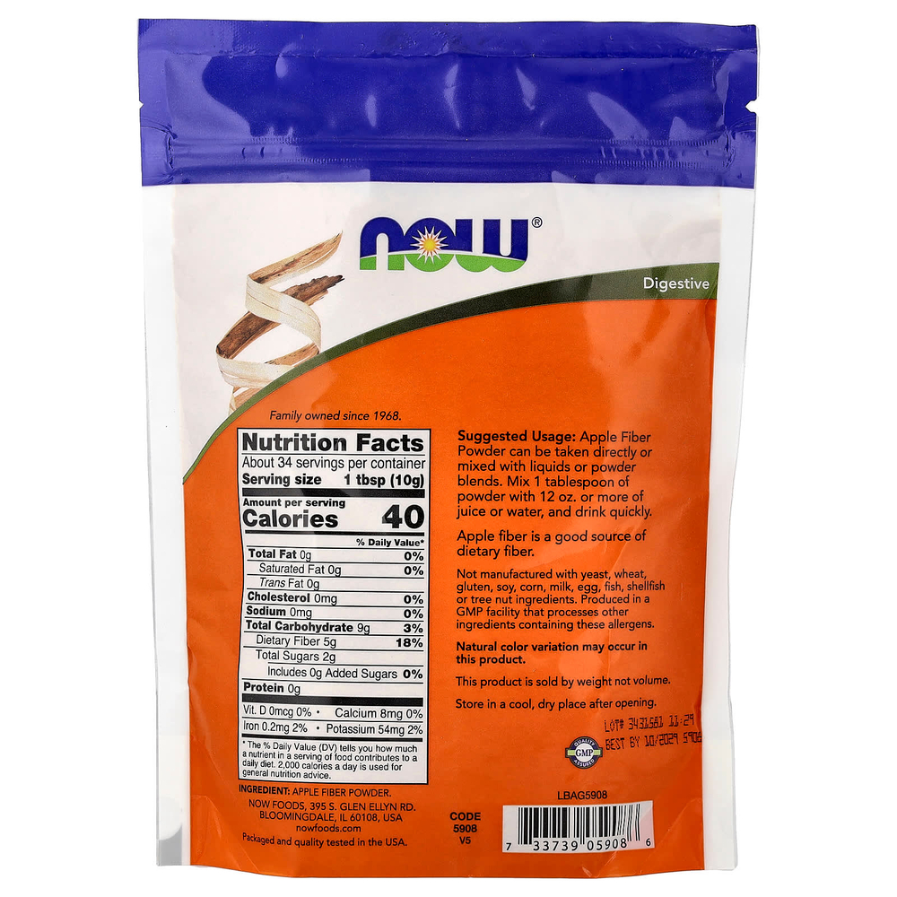 NOW Foods, яблочная клетчатка, чистый порошок, 340 г (12 унций)