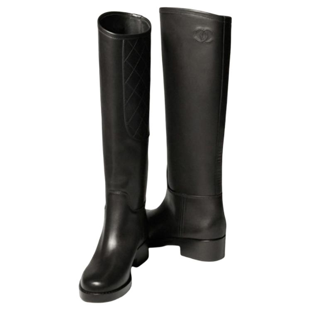 CHANEL Leather Calfskin Knee high Boots Women"s Black