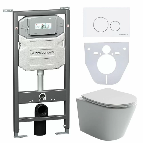 Унитаз подвесной Ceramica Nova Balearica CN6000_1001W_1000 безободковый, с крышкой микролифт, с инсталляцией и белой кнопкой