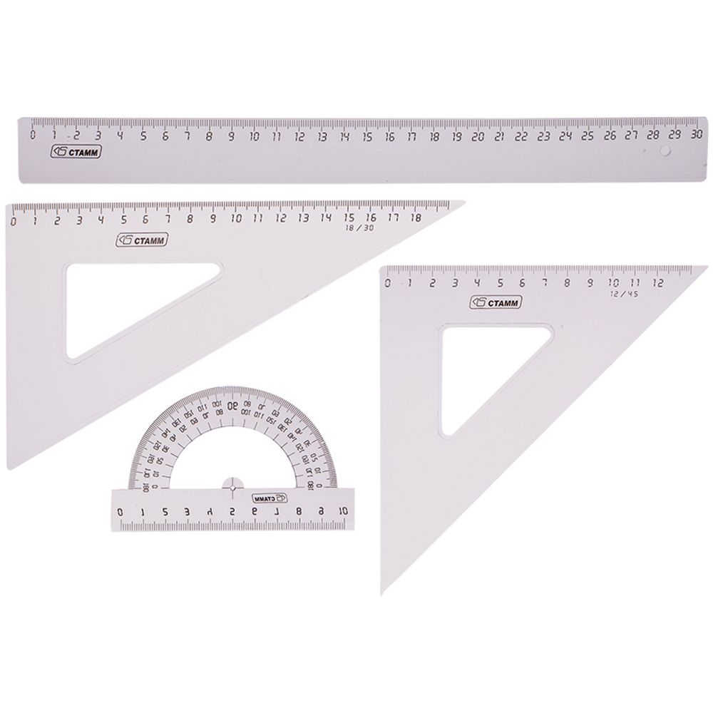 Набор геометрический большой 4пр. (треуг.2шт, лин.30см, транспортир) прозрачный бесцветный, Стамм